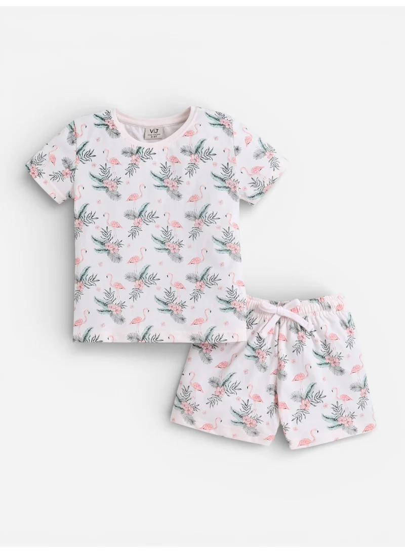 Victor And Jane  Girls Flamingo Print Cotton Pajama Set – T-Shirt & Shorts Nightwear for Women | Best Price UAE